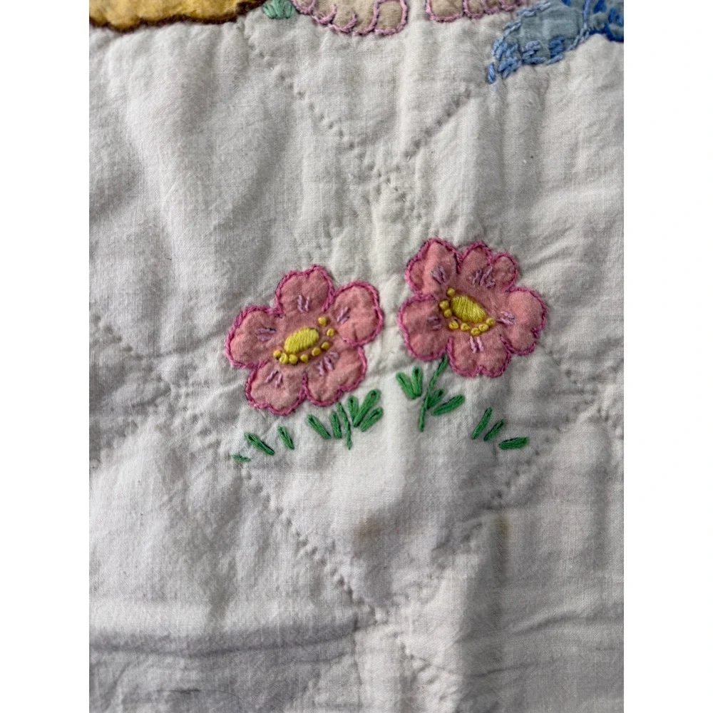 VTG Handmade Baby Quilt Nursery Crib Cream Pink Hand Embroidered Cat Dog 33x42